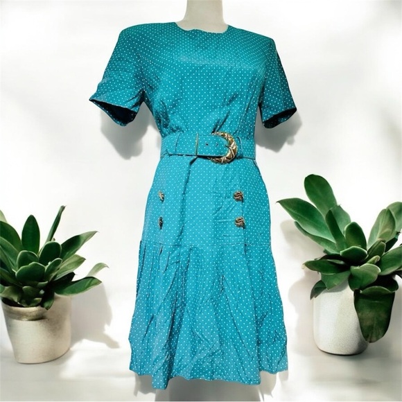 Vintage 90’s Teal Polka Dot Belted Dress “Blondie and Me” NWT​ - Picture 11 of 11